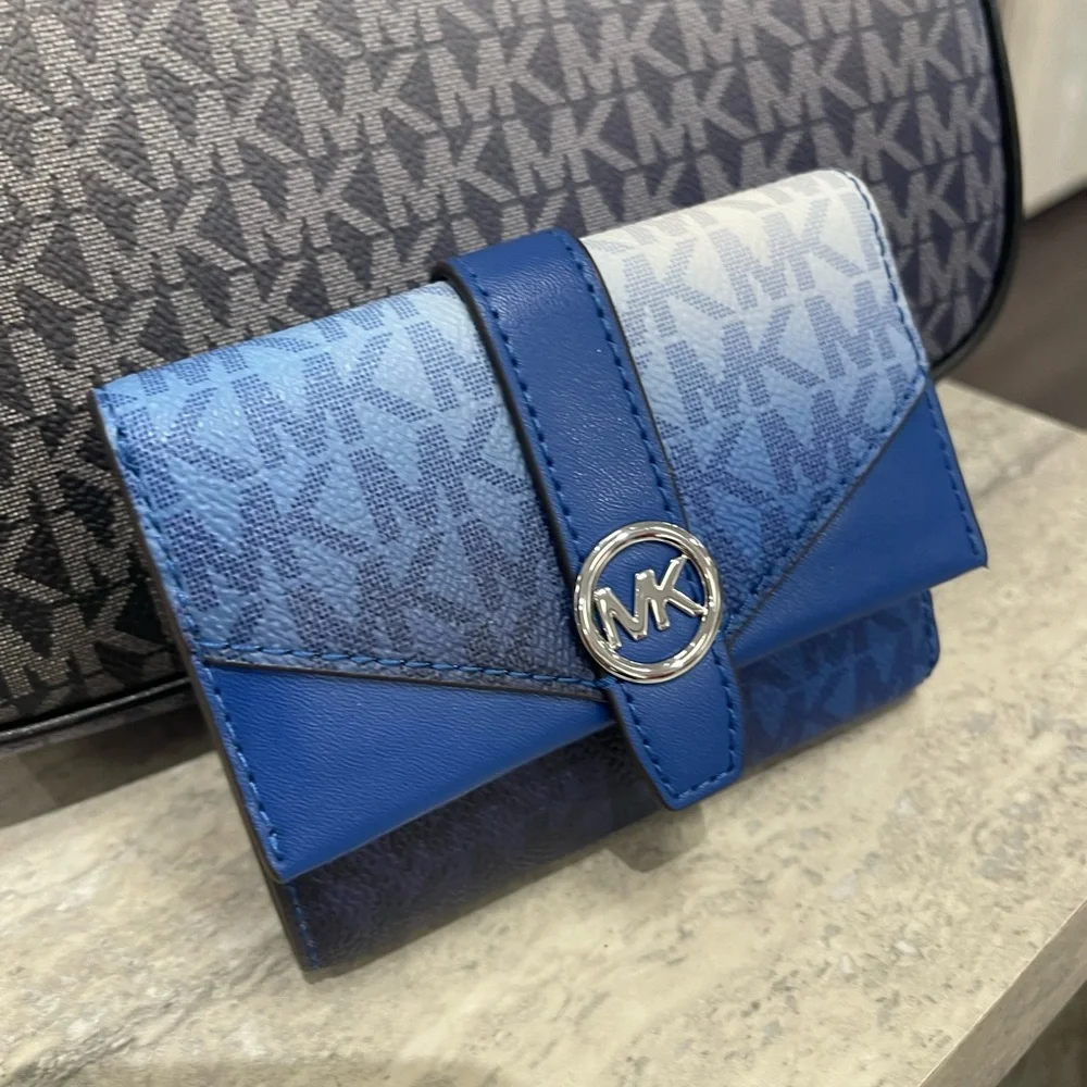 MICHAEL KORS Greenwich Medium Ombré Signature Logo Tri-Fold Wallet Galaxy Blue